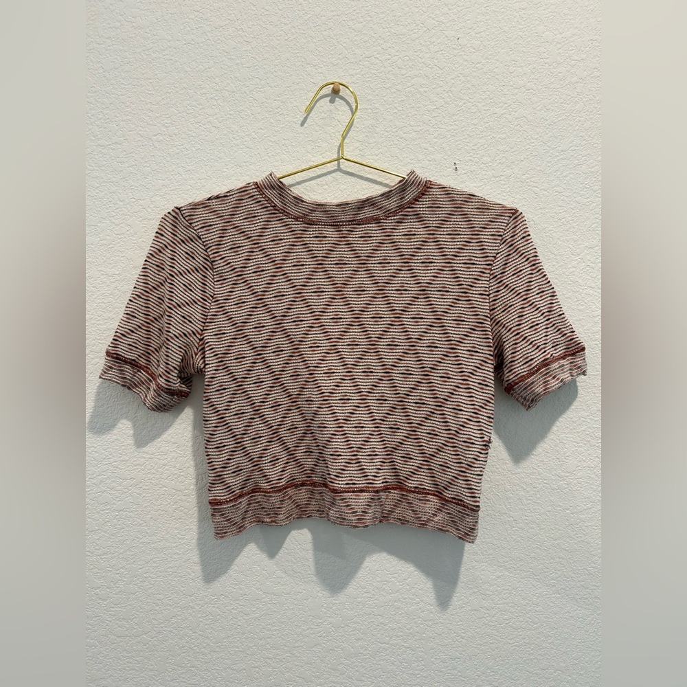 Intimately Free People Brown Red Patterned knit ribbed short sleeve sweater Top